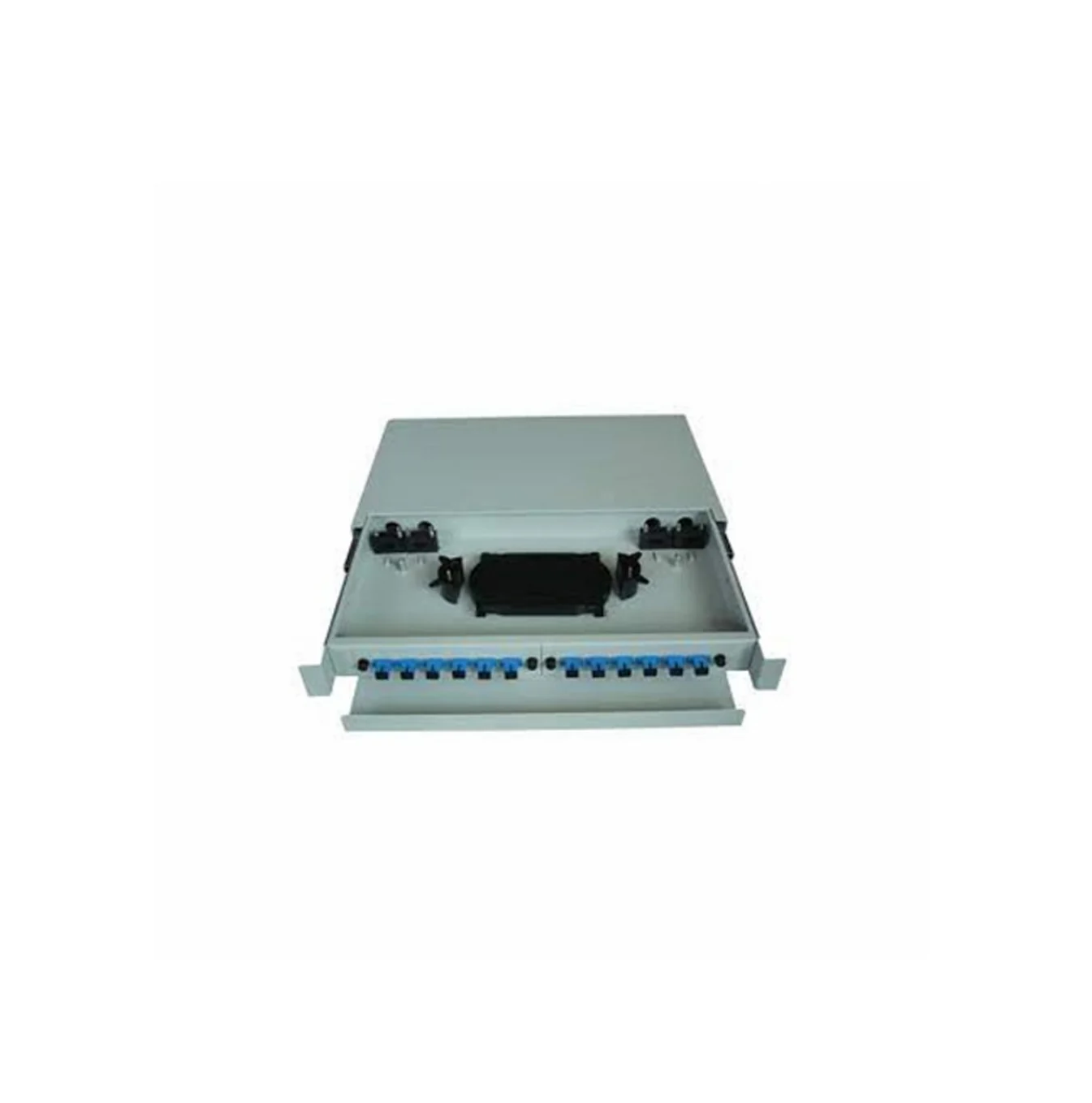Patch panel de fibra óptica montaje Rack deslzable 24 hilos color gris Marca: Teklink