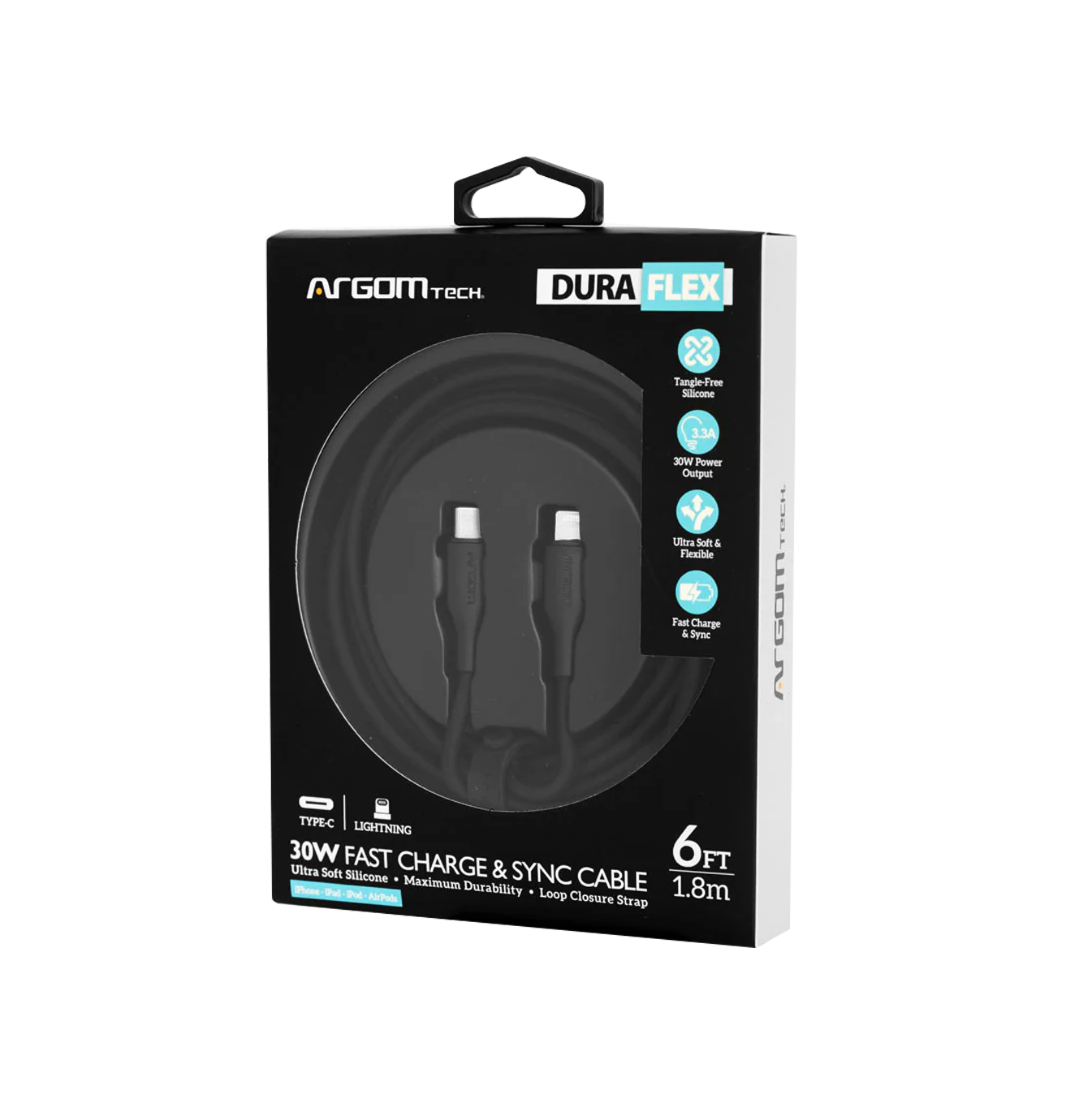 Cable dura flex 30W fast chargue TYPE-C to lightinig ARG-CB-0072BK negro Marca: Argom