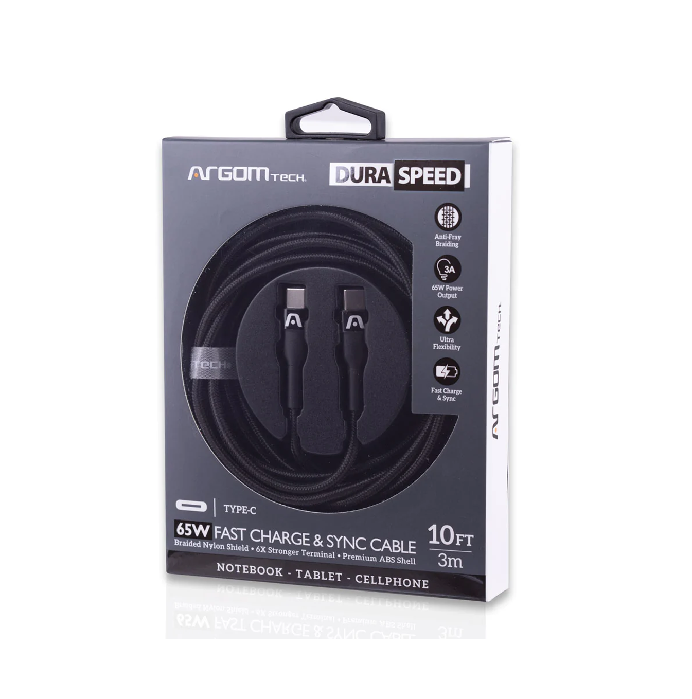 Cable dura speed 65W PD carga rápida TYPE-C Nylon trenzado 3M./10FT color negro Marca: Argom