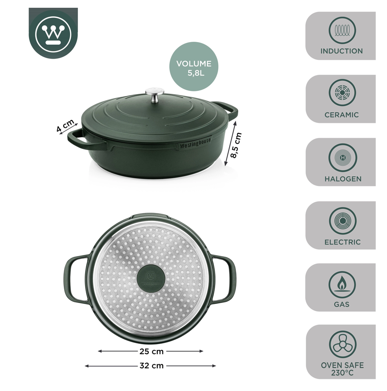 Olla asadora Performance verde 32cm WCCC0095L32SG Marca: Westinghouse