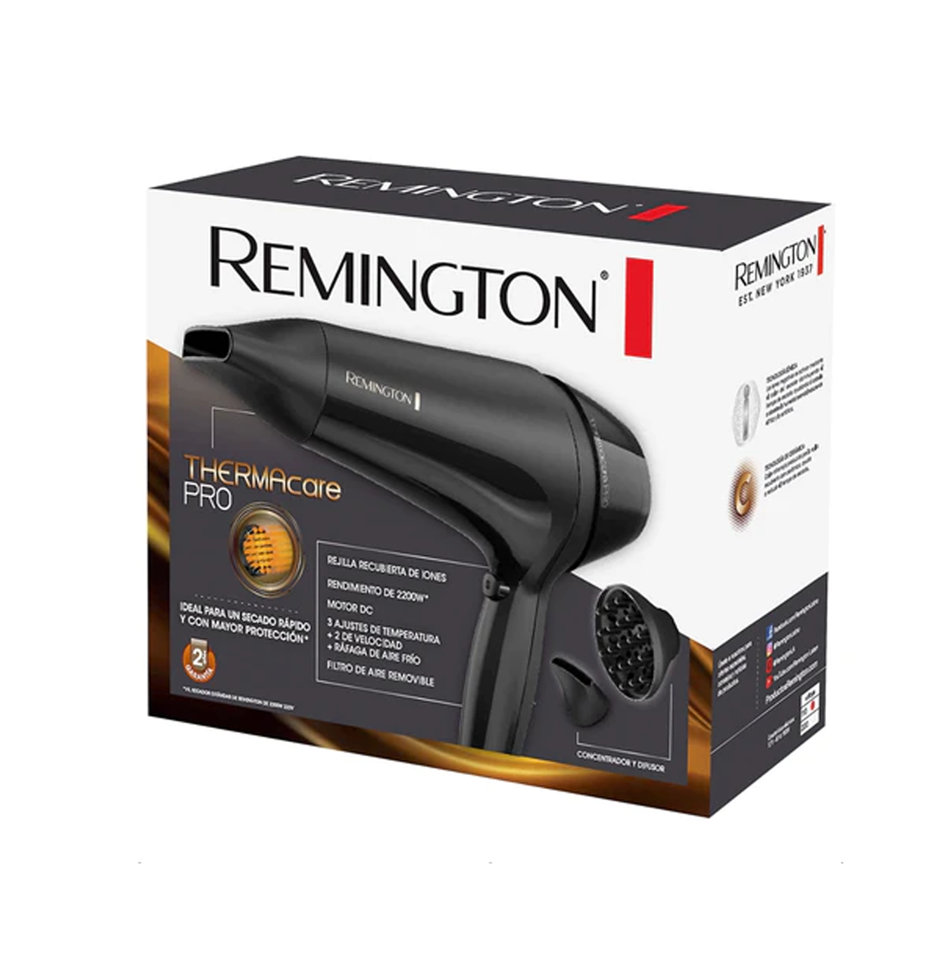 Secadora de cabello c/ revestimiento ceramica 1900W D12A (110) F Marca: Remington