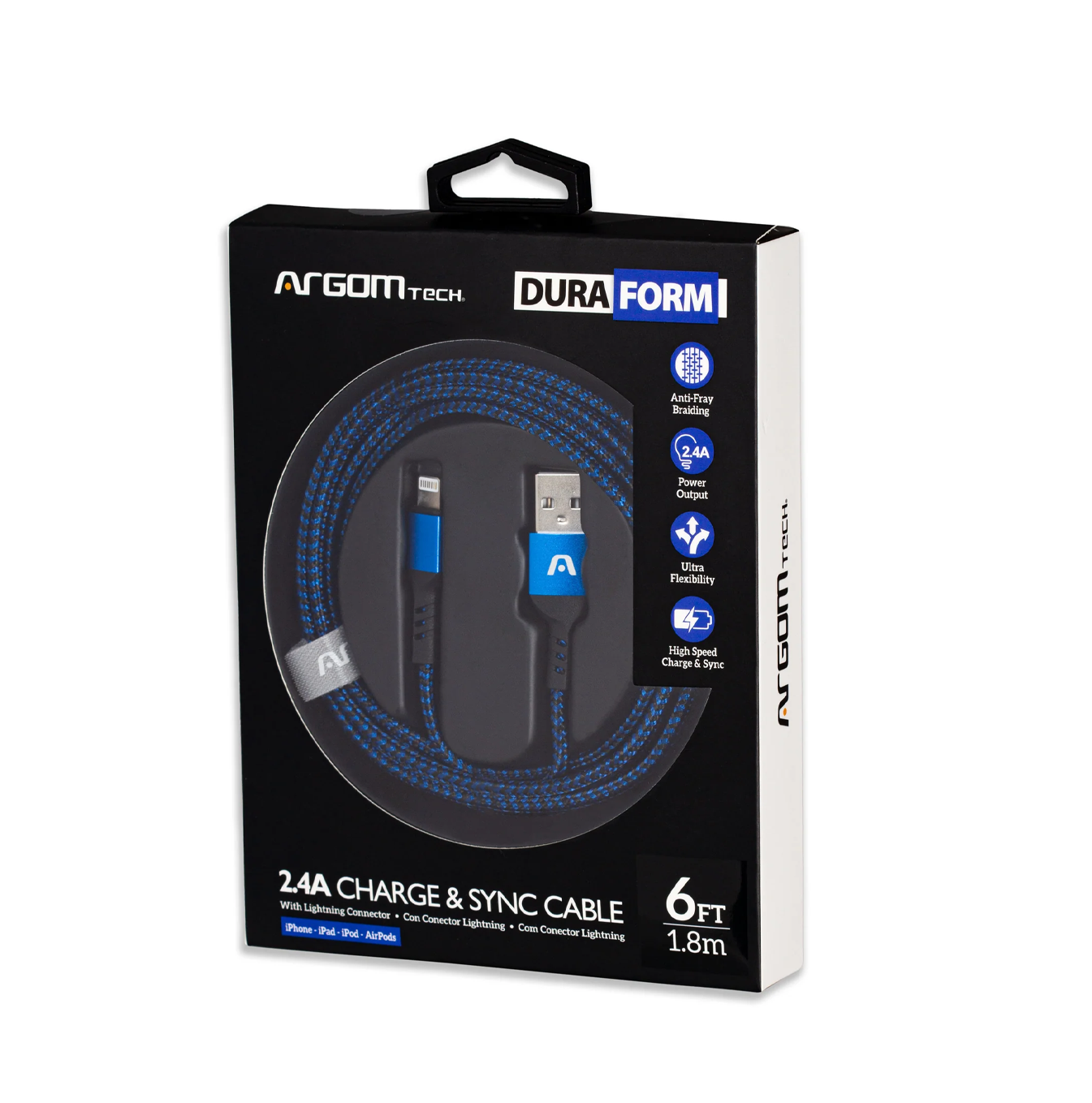 Cable dura forma Lighting USB 2.0 1.8/6FT azul CB-0023BL Marca: Argom