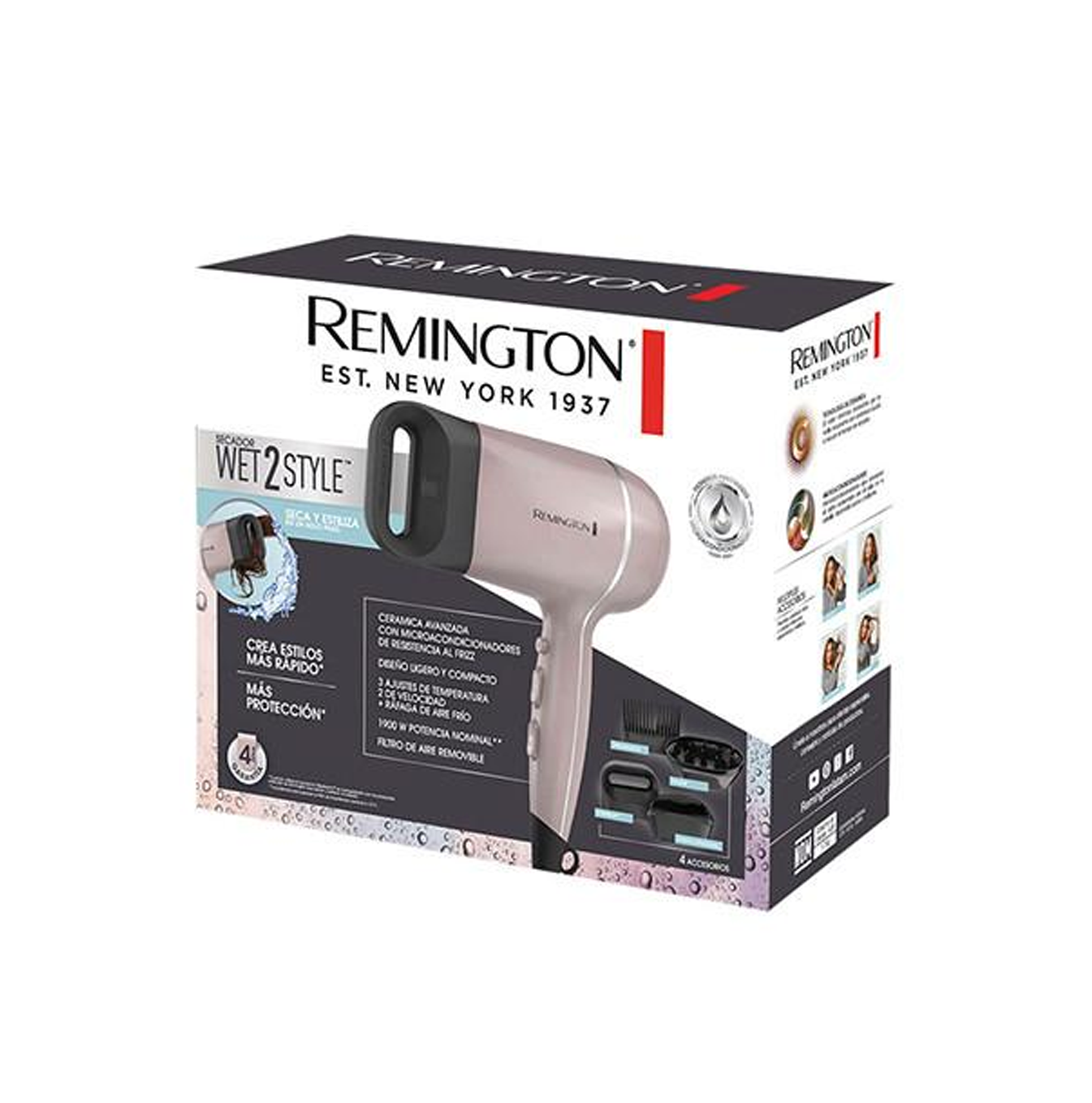 Secador y estilizador humedo y seco 4 accesorios D20A (110) F Marca: Remington