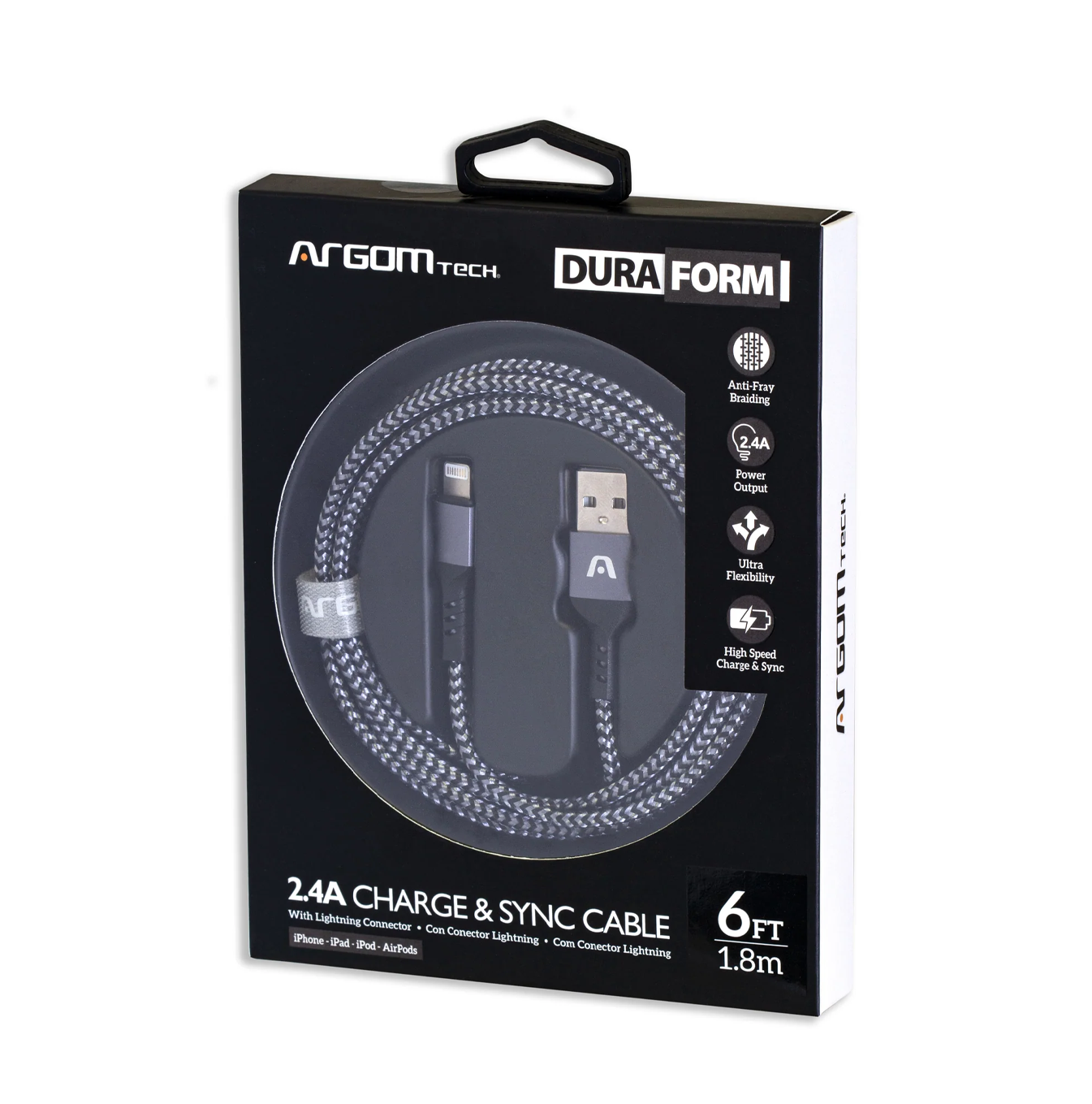 Cable dura forma Lighting USB 2.0 1.8/6FT negro CB-0023BK Marca: Argom