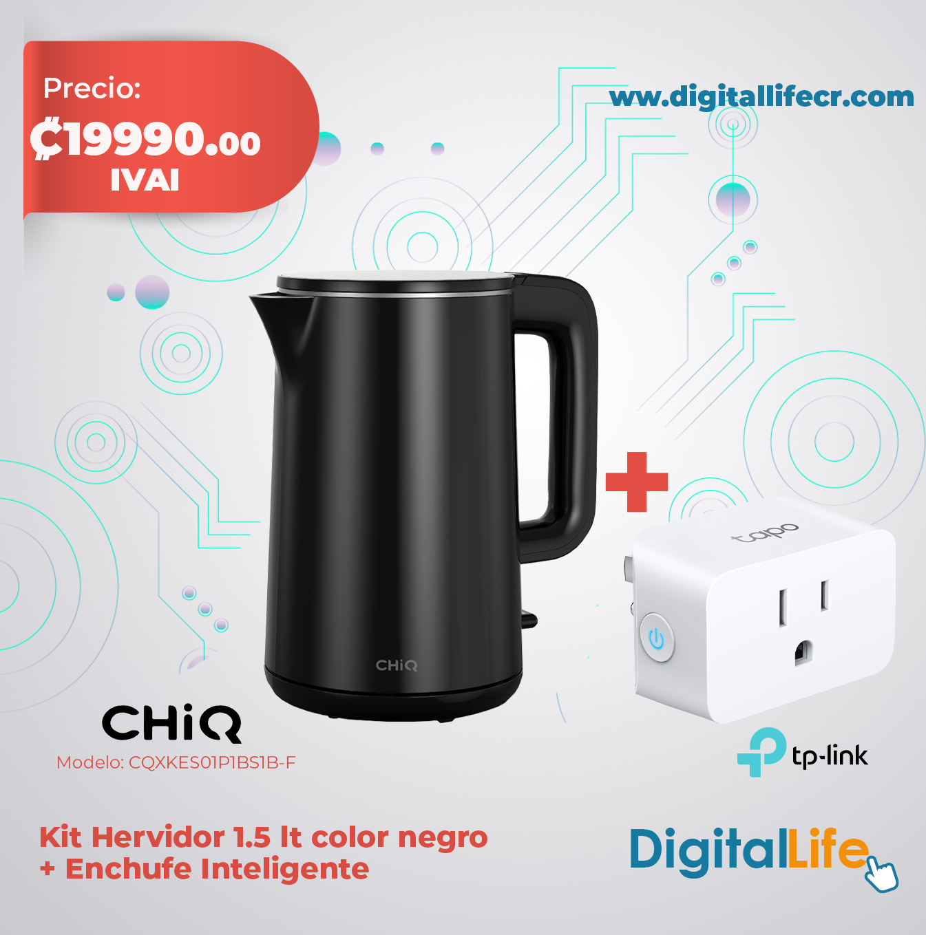 Kit Hervidor 1.5 Lt color negro + Enchufe Inteligente TP-Link