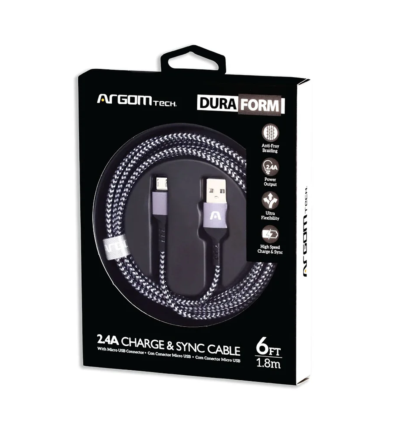 Cable dura forma Micro USB a USB 2.0 NYLON Braided 1.8M/6FT negro CB-0021BK Marca: Argom