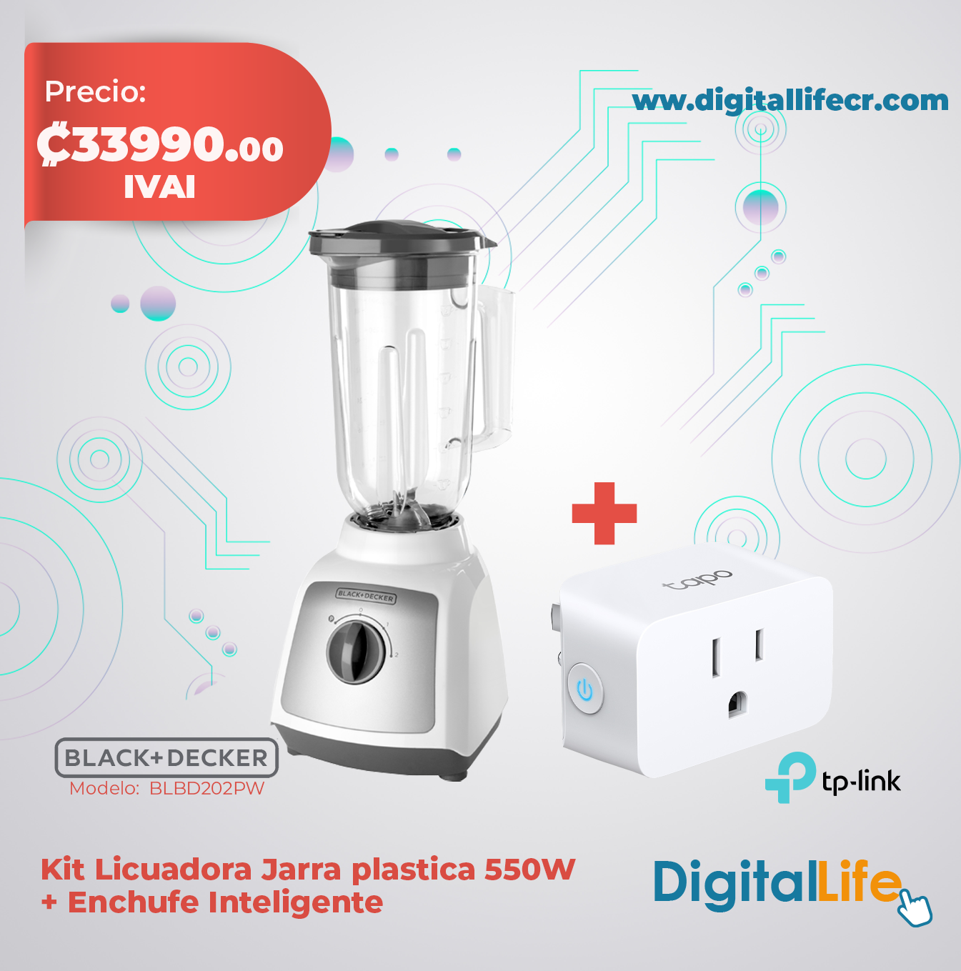 Kit Licuadora jarra plástico 550W + Enchufe inteligente TP-Link