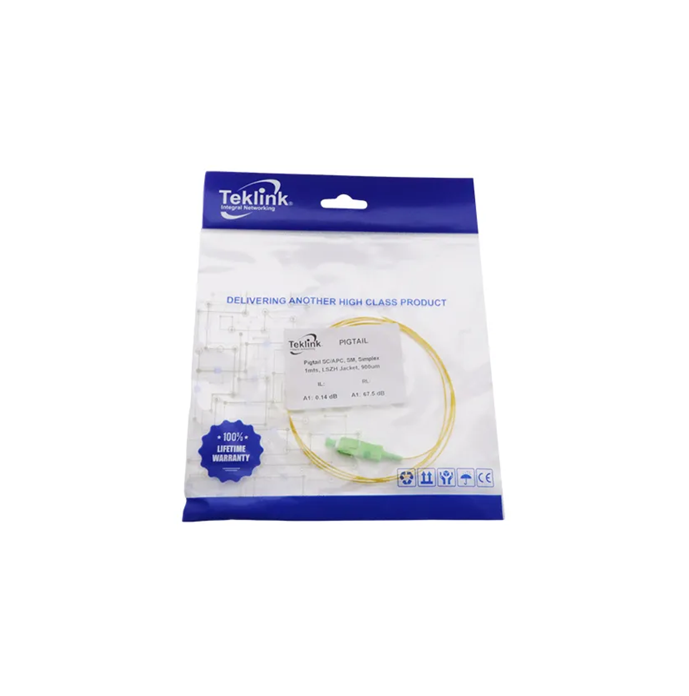 Pigtail fibra SC/APC SM 1M G652D 0.9MM Marca: Teklink