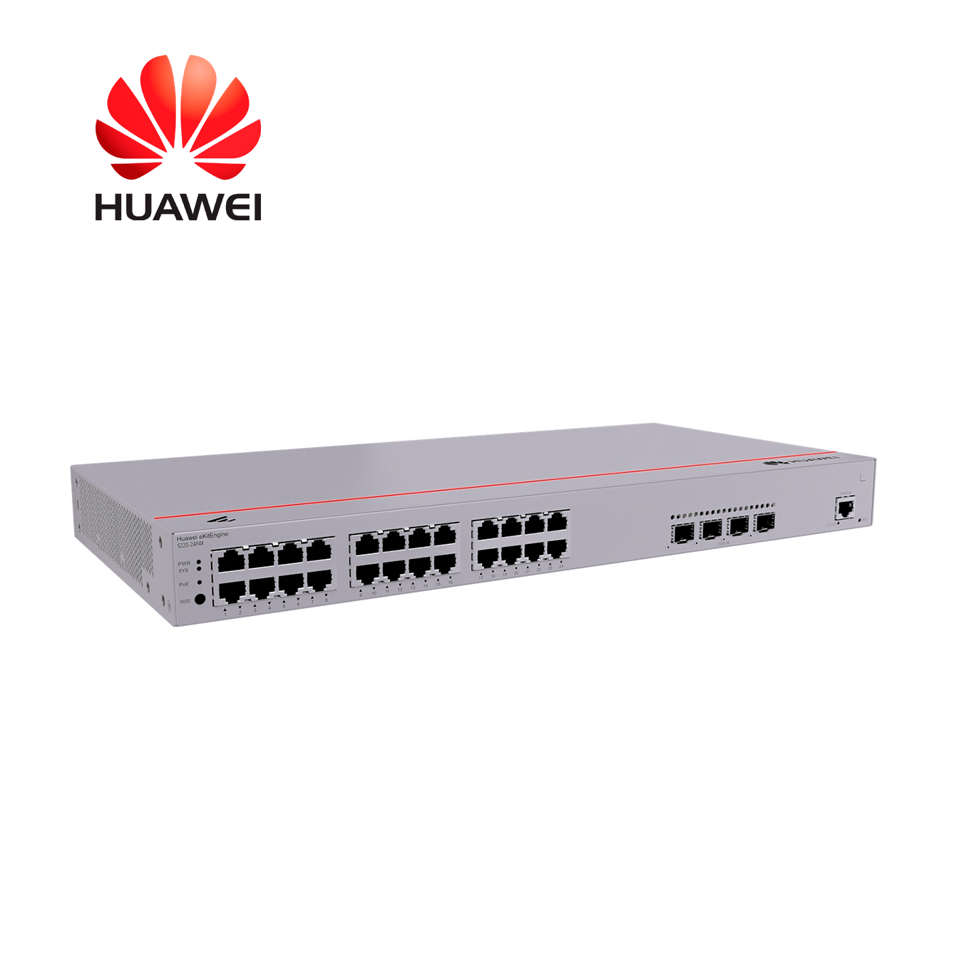 Switch 24 x puertos 10/100/1000BASE-T | 4 x puertos SFP+ de 10GE | Potencia PoE+ total: 400W S220-24P4X Marca: Huawei
