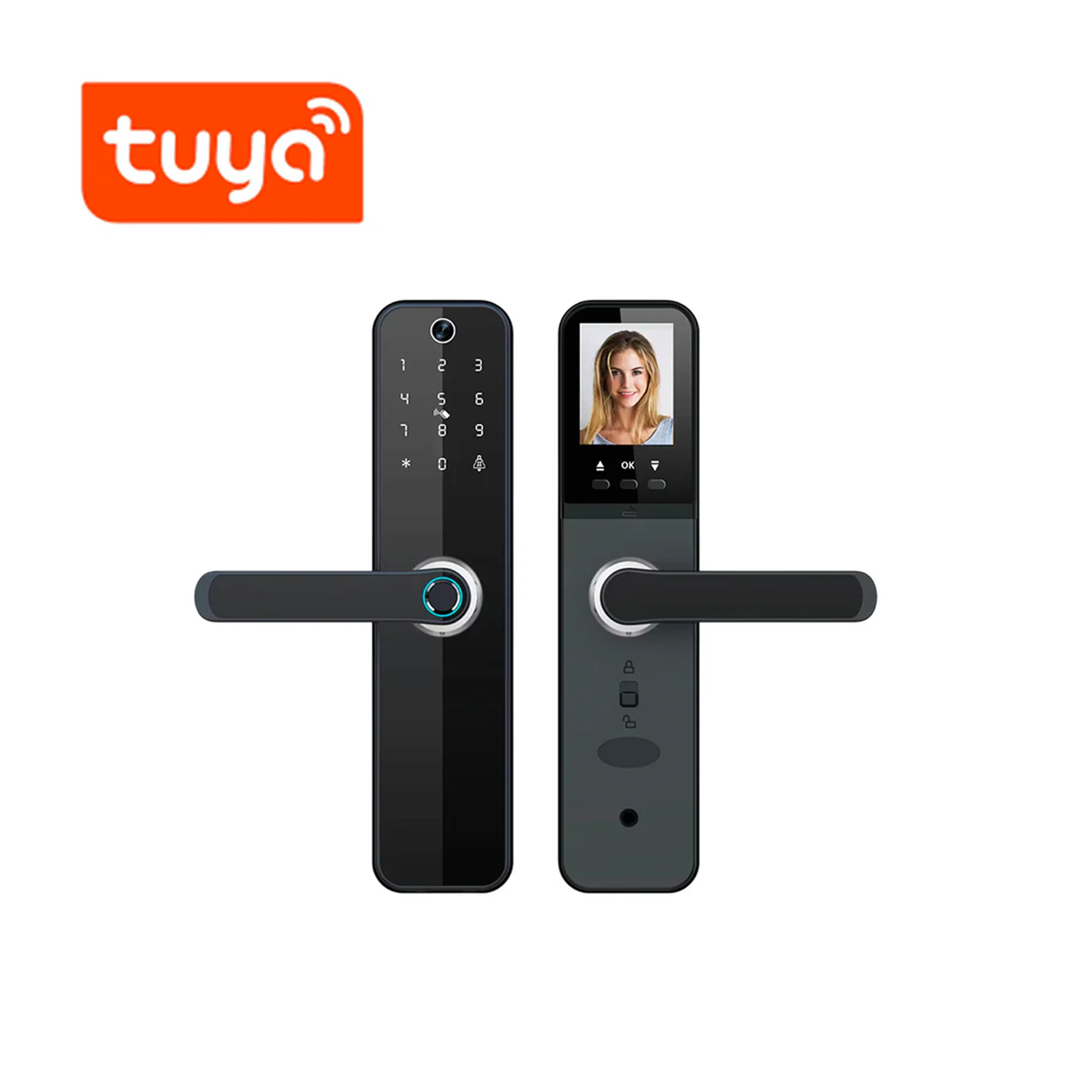 Cerradura + camara WIFI Tecnologia Tuya pantalla + huella + código + tarjeta + APP 300 usuarios recargable TK-HR08-P Marca: Tuya