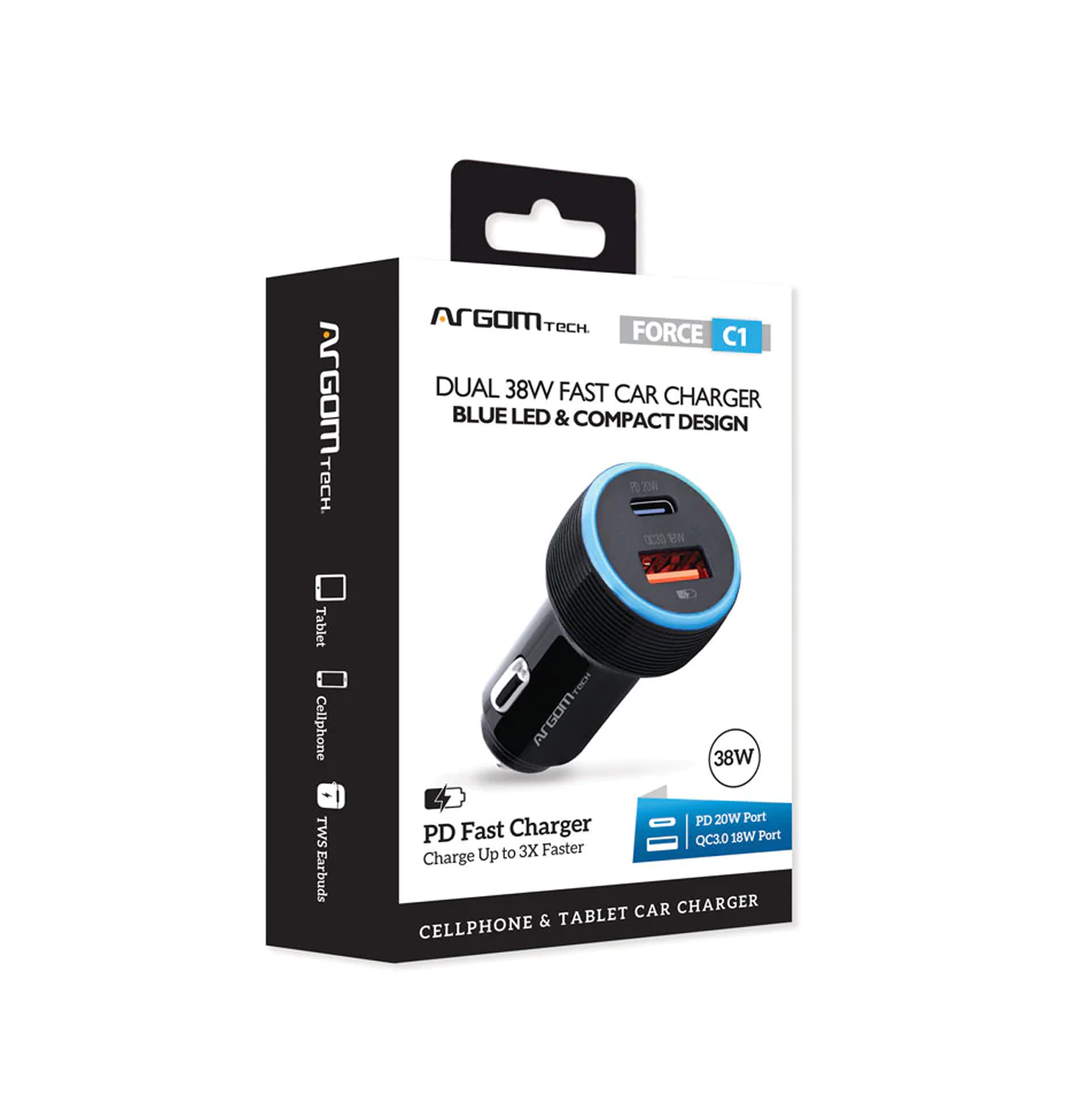 Cargador de auto fast charge USB force C1 TYPE-C Marca: Argom