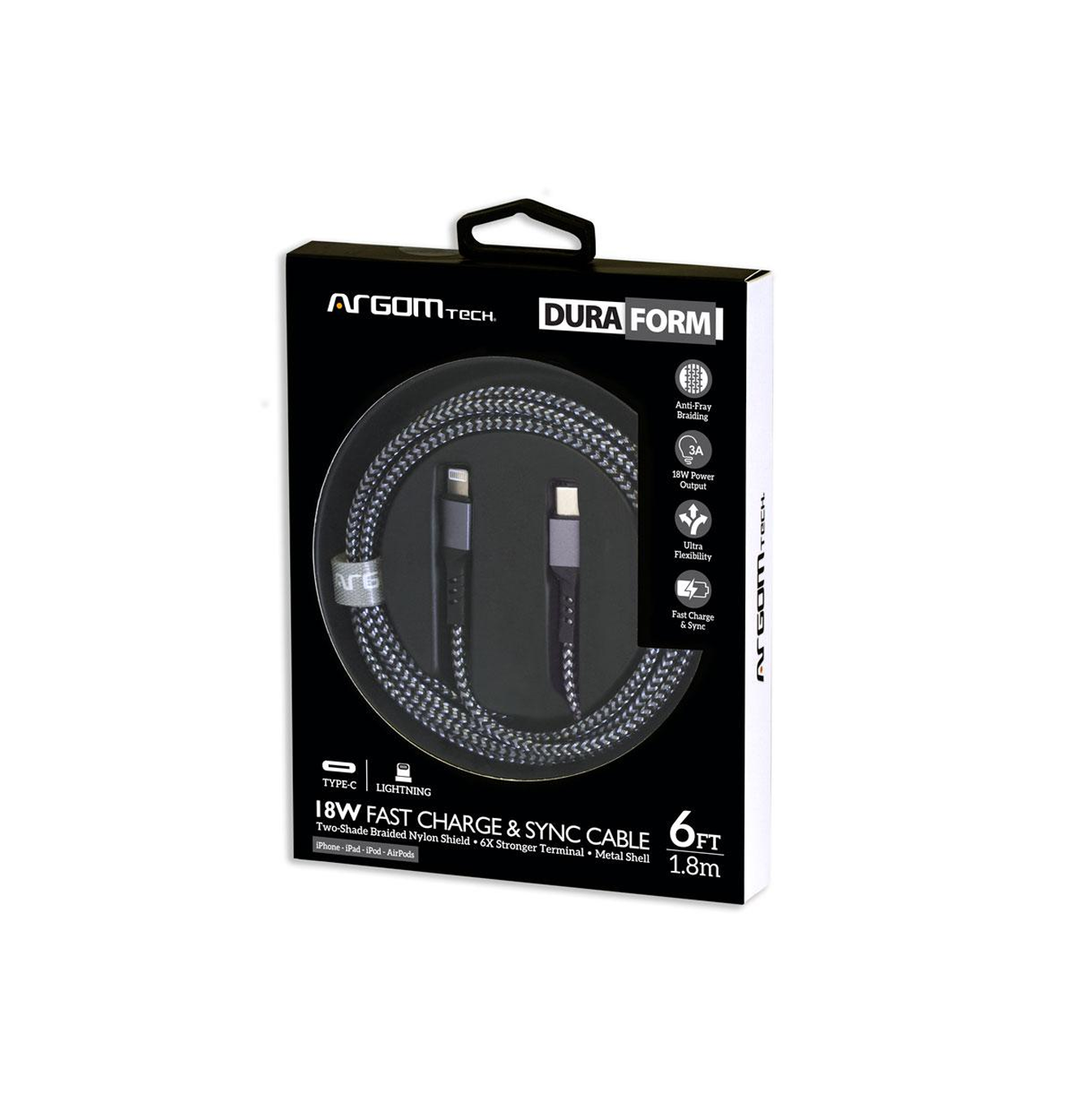 Cable dura forma fast charge TYPE-C Iphone Nylon Braided 1.8m/6FT color negro Marca: Argom