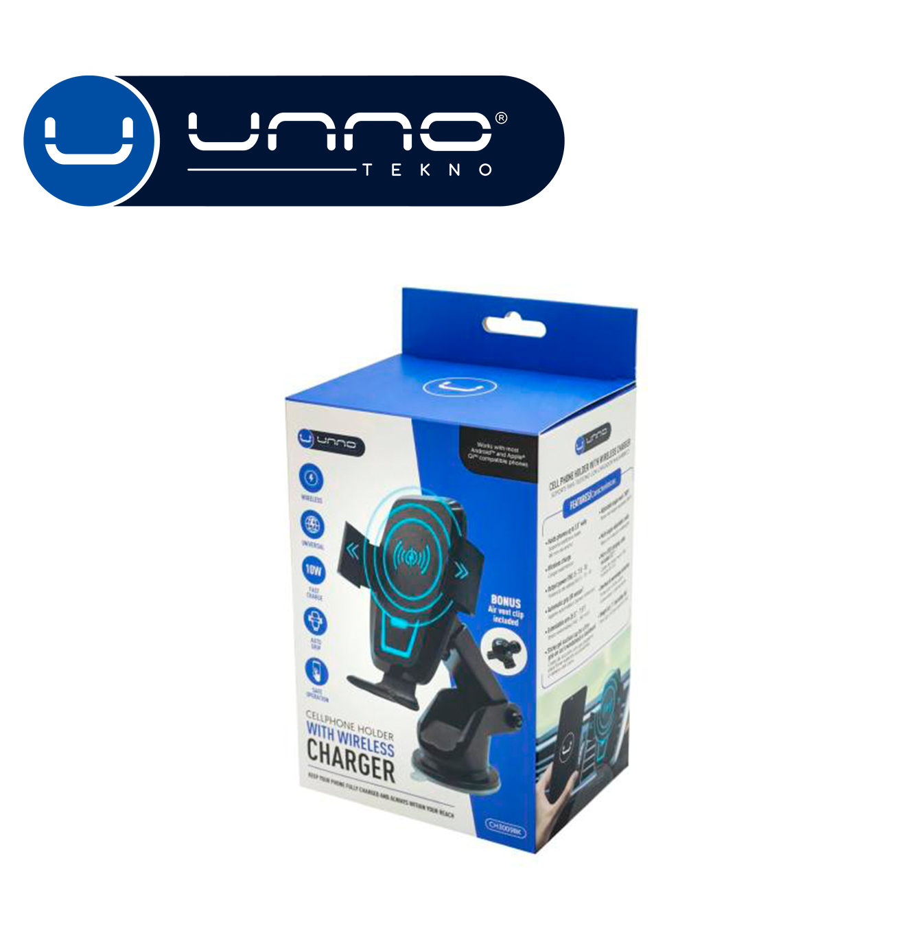 Soporte para celular, con brazo extensible y cargador inalámbrico CH3009BK Marca: Unno Tekno