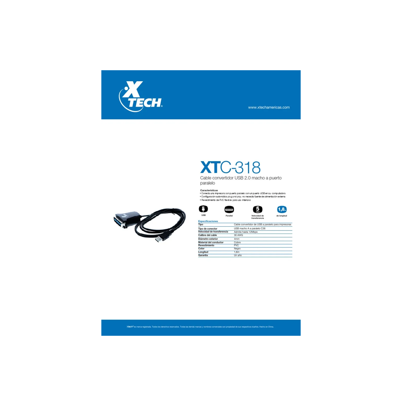 Cable convertidor USB a paralelo compatible con impresoras Marca: Xtech