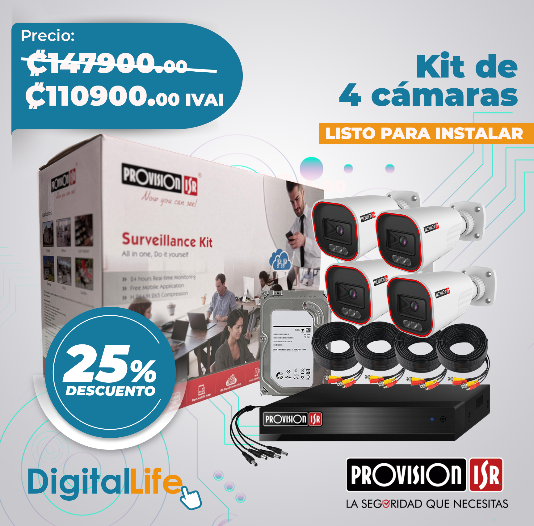 Kit de 4 cámaras de seguridad analógo 2MP + disco duro 1TB Marca: Provision ISR