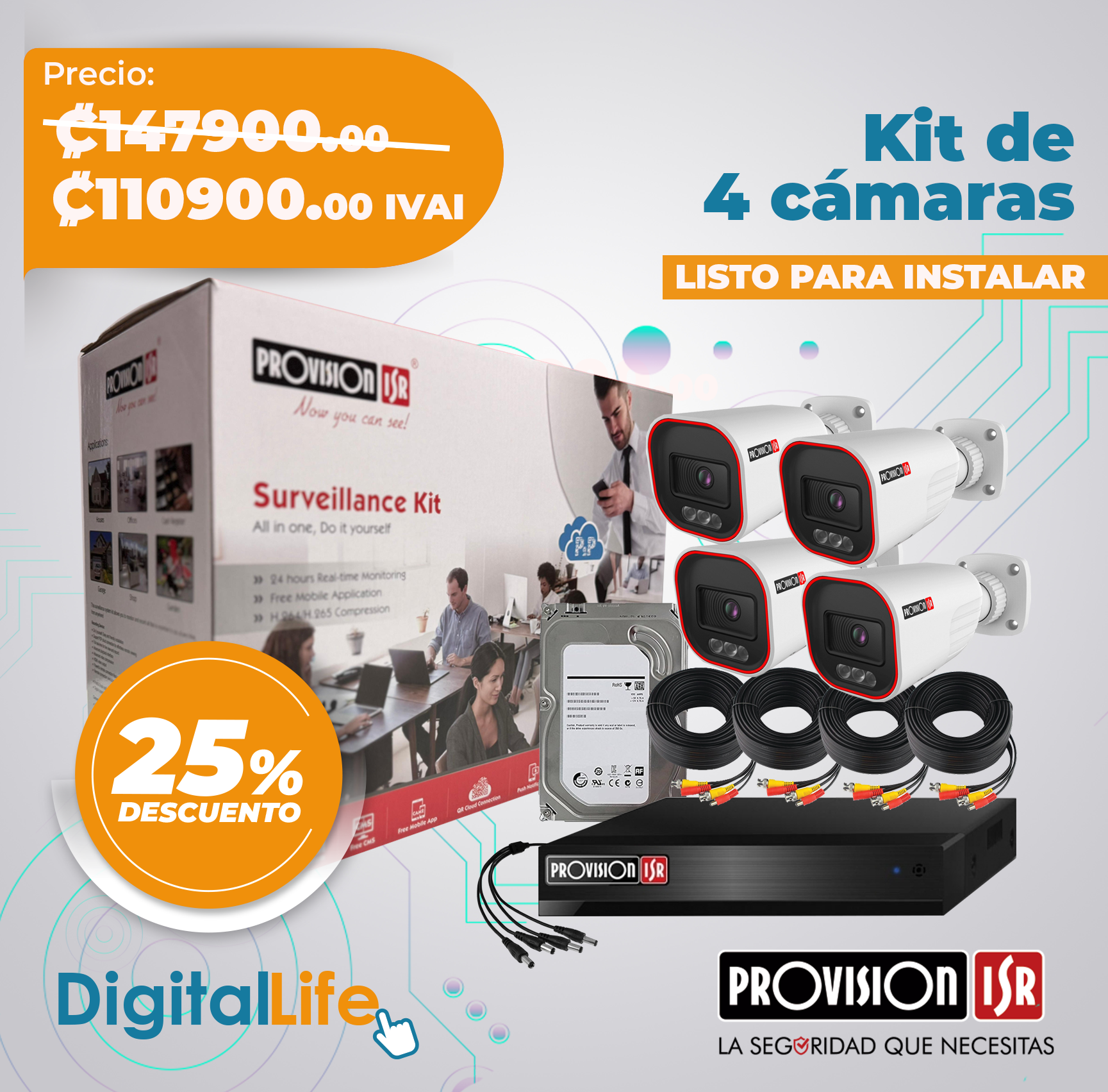 Kit de 4 cámaras de seguridad analógo 2MP + disco duro 1TB Marca: Provision ISR